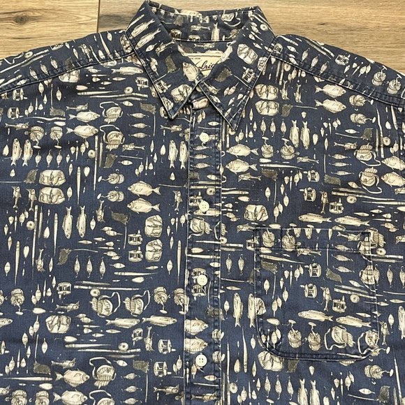 Woolrich Button Up Shirt LARGE Fisherman Tackle Fish All Over Print AOP USA Made - Picture 2 of 9